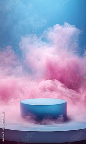 The round empty podium has a pastel pink and blue colored smoke cloud background for a product presentation