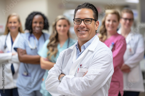 A group of doctors and nurses standing smiling in the corridor of a hospital, a diverse group of men and women cooperating to provide good medical care.