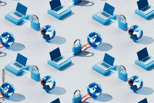 3D Render of Multiple Laptops Connected to Globes and Padlocks