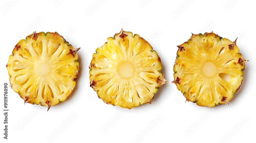 Three Sliced Pineapple Rings on White Background Three Sliced Pineapple Rings on White Background