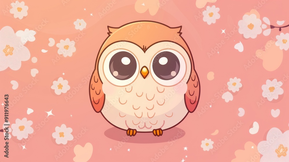 Fototapeta premium Cute cartoon owl with big eyes on a pink background with white flowers.