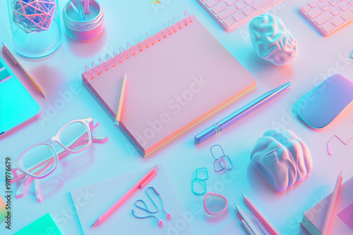 Abstract notebook, glasses and pencils. School desk with stationery. Minimal pastel design. Back to school education concept.