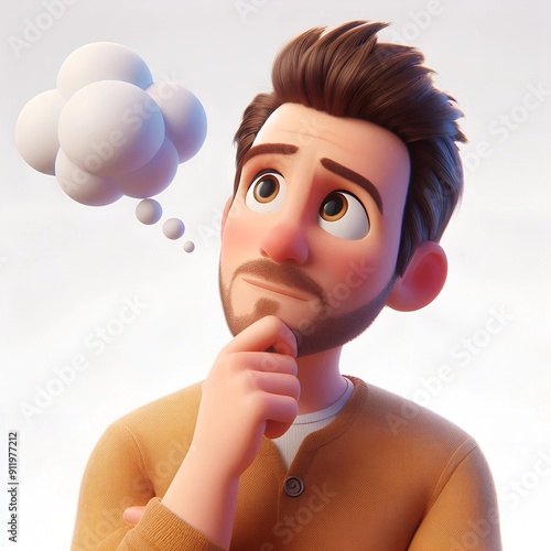 3d charachter adult man male guy daydreaming person portrait, white background. 