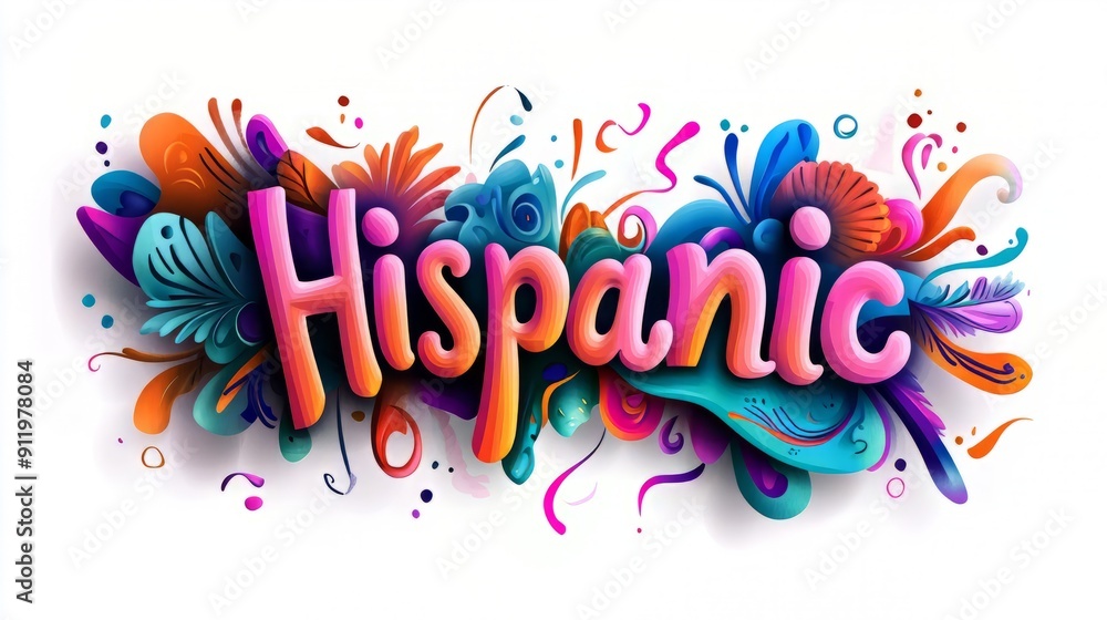 A colorful text Hispanic design on white background. National hispanic heritage month festival, Latin america culture, tradition and art. A colorful text Hispanic design on white background. National hispanic heritage month festival, Latin america culture, tradition and art.