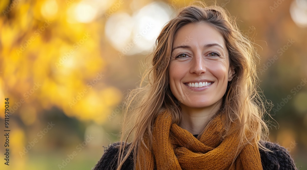 Woman with a Warm Smile in a Fall Setting Woman with a Warm Smile in a Fall Setting