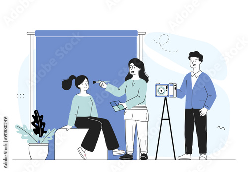 People at photo session. Man with camera and woman with brush and powder apply to models face. Photographers taking photography in studio. Linear vector illustration