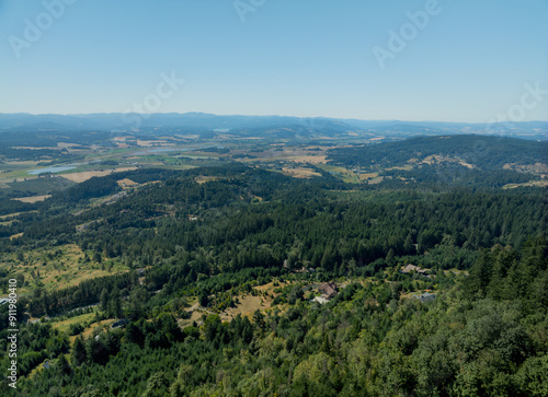 Drone shot. Green forest, lakes, rivers, a mountain range in the distance. Houses in the middle of the forest. Nature, climate, forestry, ecology, tourism.