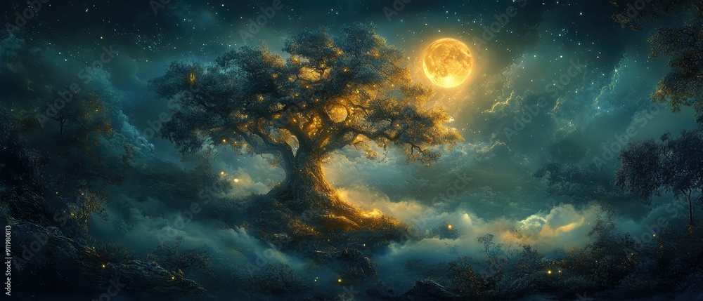 A mystical tree stands under a glowing moon, surrounded by swirling clouds and a starry night sky, evoking serenity and wonder. A mystical tree stands under a glowing moon, surrounded by swirling clouds and a starry night sky, evoking serenity and wonder.