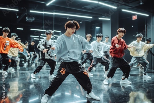 group of K-pop idols practicing their dance routine in a mirrored practice room