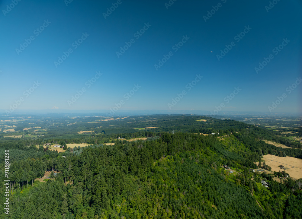 Fototapeta premium Drone shot. Under the blue sky there is a high mountain with a dense green forest. There are beautiful houses on the edges. Hilly area, lots of greenery. The beauty of nature, ecology.