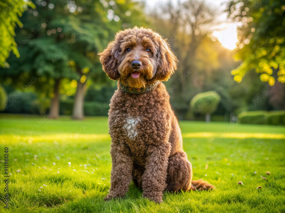 A fluffy, friendly, and adorable chocolate Labradoodle dog with a wagging tail and floppy ears sits on a green grassy lawn on a sunny day. A fluffy, friendly, and adorable chocolate Labradoodle dog with a wagging tail and floppy ears sits on a green grassy lawn on a sunny day.