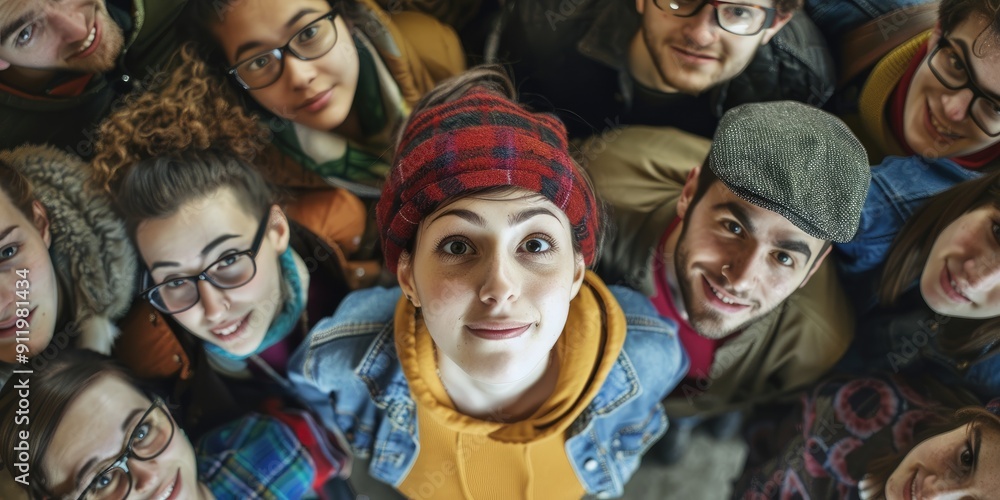 birds eye view of a group of people standing close together and only one person is looking up towards the camera birds eye view of a group of people standing close together and only one person is looking up towards the camera