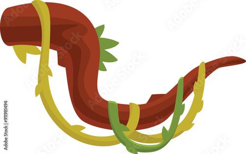 Twisted jungle liana branch wrapped with green vines illustration on white background