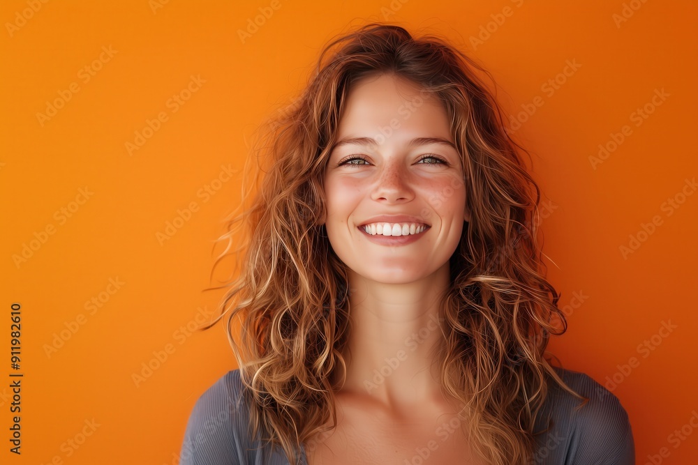 Portrait of a Smiling Woman with Curly Blonde Hair Against an Orange Background Portrait of a Smiling Woman with Curly Blonde Hair Against an Orange Background