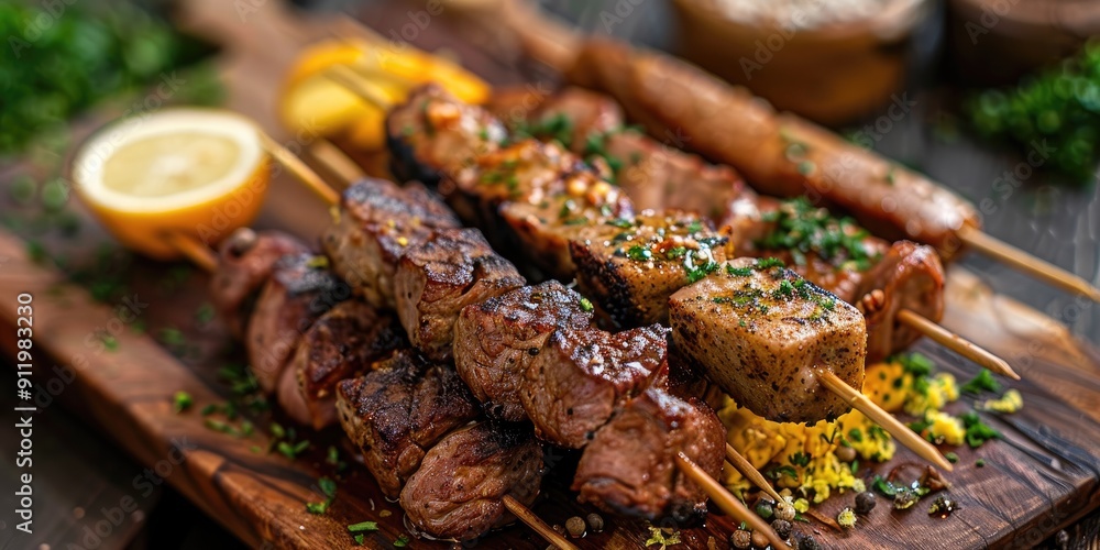 Skewers of Beef Chicken and Pork Sausage on a Wooden Board with Farofa Lemon and Pepper Skewers of Beef Chicken and Pork Sausage on a Wooden Board with Farofa Lemon and Pepper