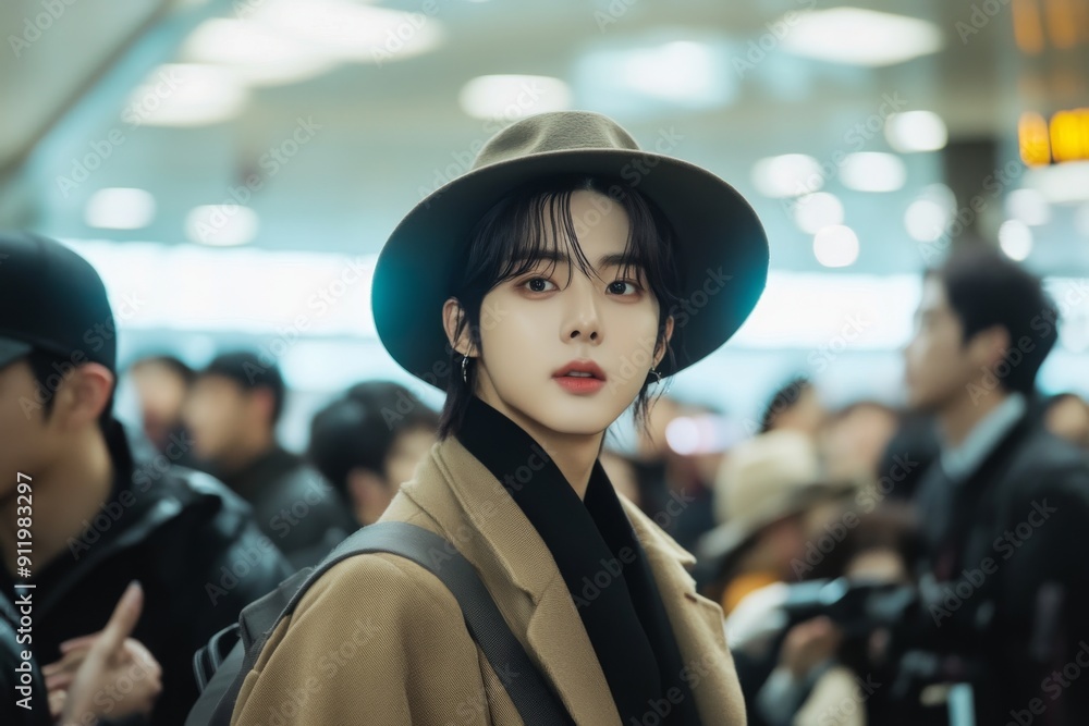 K-pop idol in stylish surrounded by fans and paparazzi K-pop idol in stylish surrounded by fans and paparazzi