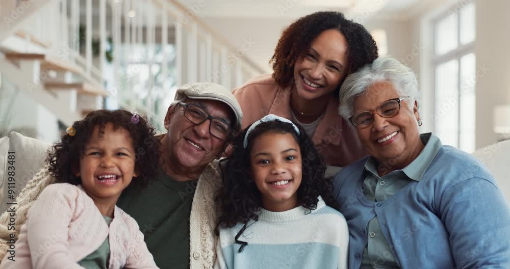 Happy, face and family generations in home for bonding and hugging together for womens day. Smile, love and portrait of girl children with mother and grandparents embracing in living room at house. Happy, face and family generations in home for bonding and hugging together for womens day. Smile, love and portrait of girl children with mother and grandparents embracing in living room at house.