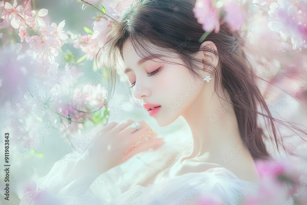 K-pop idol with ethereal beauty surrounded by pastel colored flowers K-pop idol with ethereal beauty surrounded by pastel colored flowers