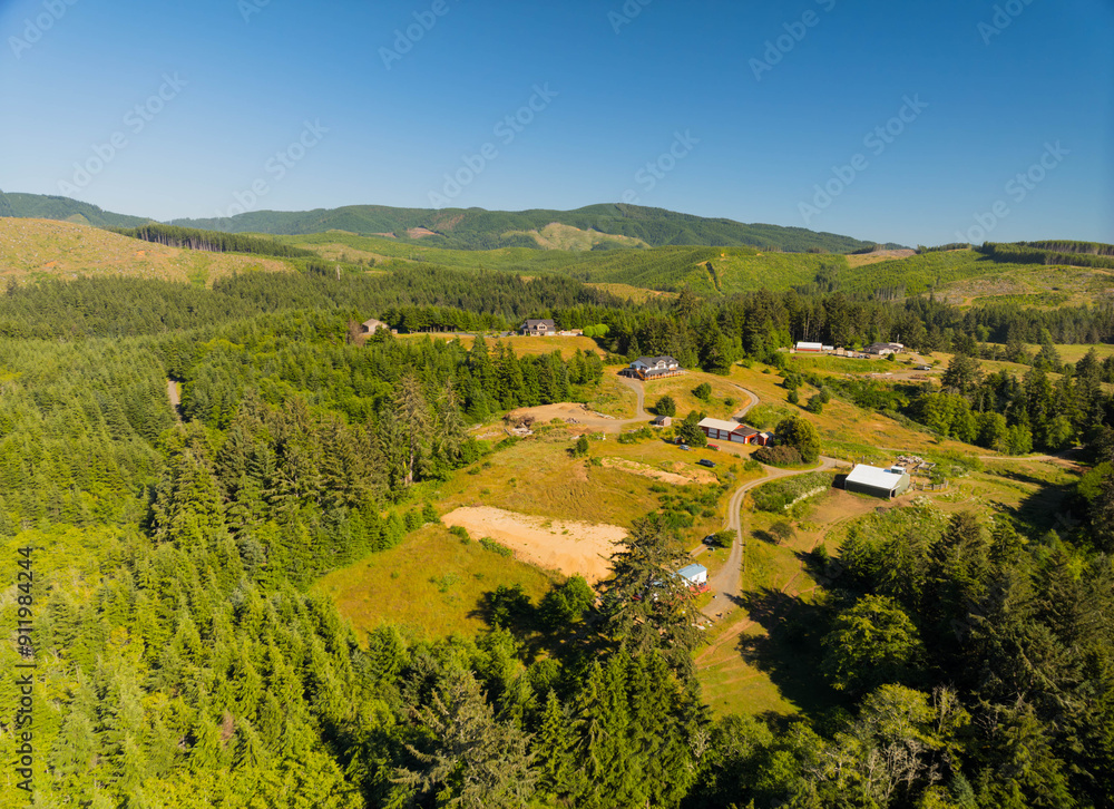 Obraz premium Aerial view of houses in a valley among forests and mountains. Beautiful mountain landscape. Environmental protection, tourism, vacation.