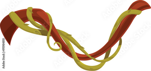 Brown twisted liana branch growing upwards with green leaves