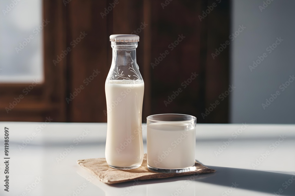 Glass of fresh cow's milk and full bottle of breakfast milk Glass of fresh cow's milk and full bottle of breakfast milk