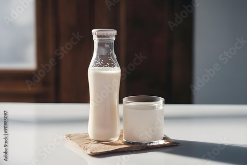 Glass of fresh cow's milk and full bottle of breakfast milk