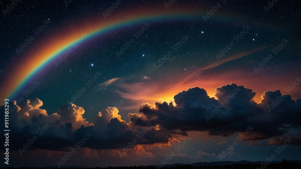 Fototapeta premium Cinematic photograph of clouds with rainbow and sunset view