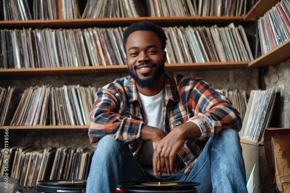 passionate Black hipster with a record player surrounded by vinyl records passionate Black hipster with a record player surrounded by vinyl records