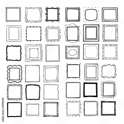 A collection of 36 hand-drawn square picture frames in black outline against a white background.