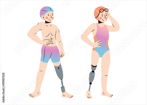 Male Paralympic Swimmer Illustration. Female Paralympic Swimmer Illustration. Paralympic Athletes Illustration