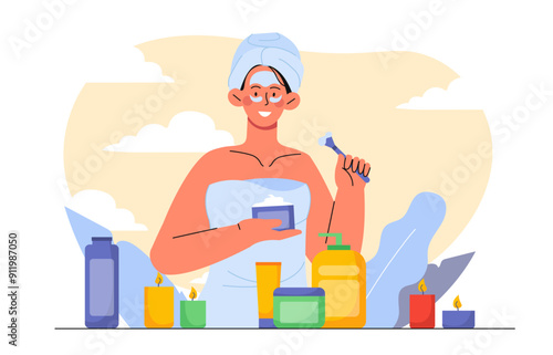 Skin care woman. Young girl in towel on her head applies cream to her face. Beauty treatment and SPA procedures. Moisturizer and lotion, massage roller, face mask. Flat vector illustration