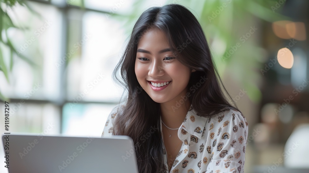 Smiling Woman with Long Black Hair Using Laptop Smiling Woman with Long Black Hair Using Laptop