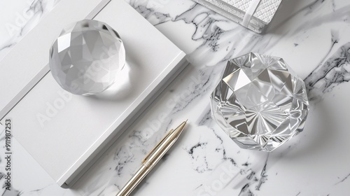 Ultra-sharp flat lay of luxurious office supplies including a crystal paperweight and stylish notebook, shown in clear and detailed 3D drawing techniques