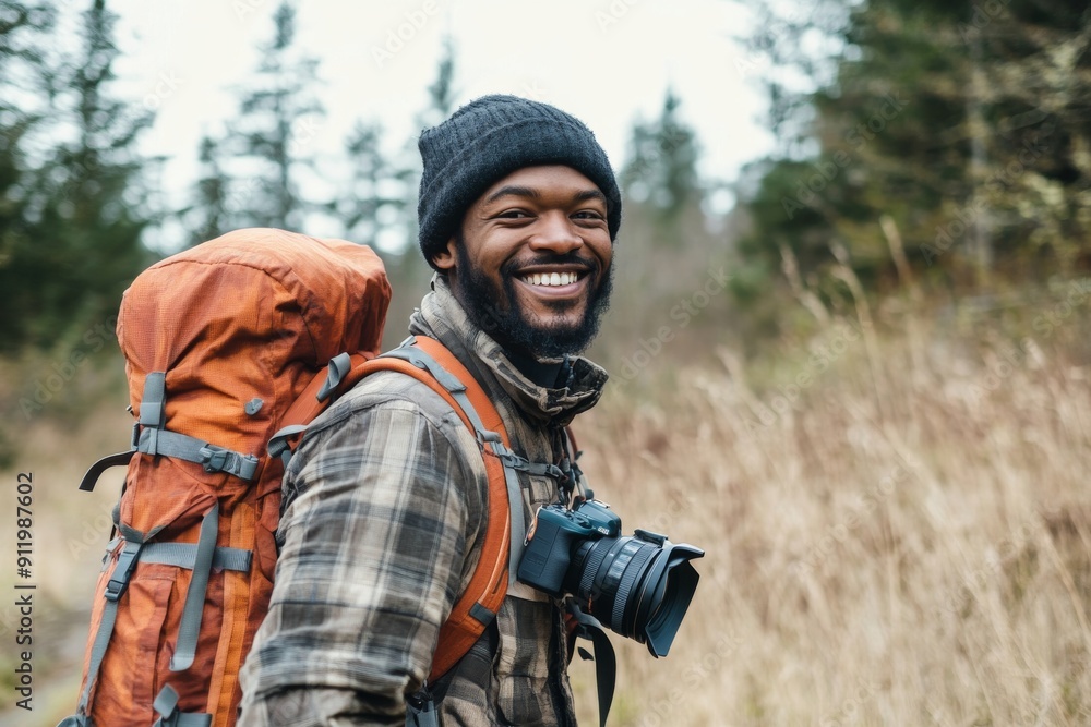Fototapeta premium smiling Black hipster hiking in nature with a backpack and a camera