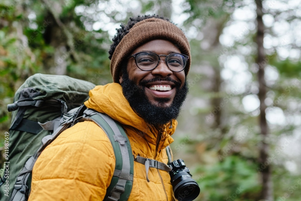 smiling Black hipster hiking in nature with a backpack and a camera smiling Black hipster hiking in nature with a backpack and a camera