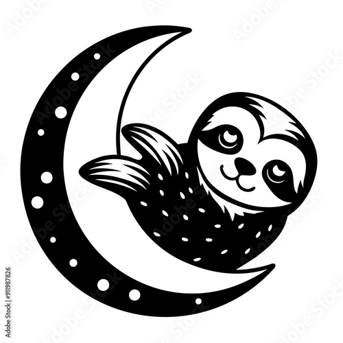 A sloth taking a nap on a crescent moon