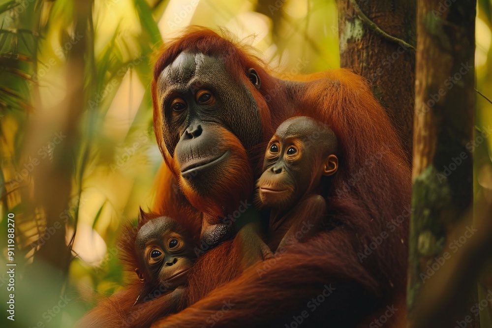 Obraz premium Tender moment between orangutan mother and baby