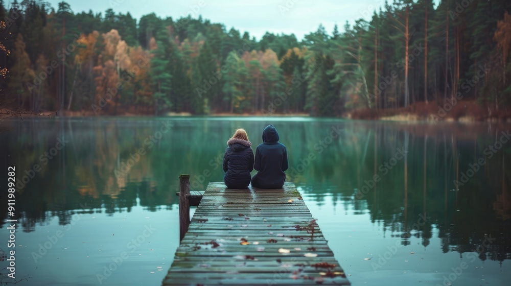 Fototapeta premium Two friends sitting on a lakeside dock, surrounded by autumn trees and reflecting waters, enjoying a peaceful moment.