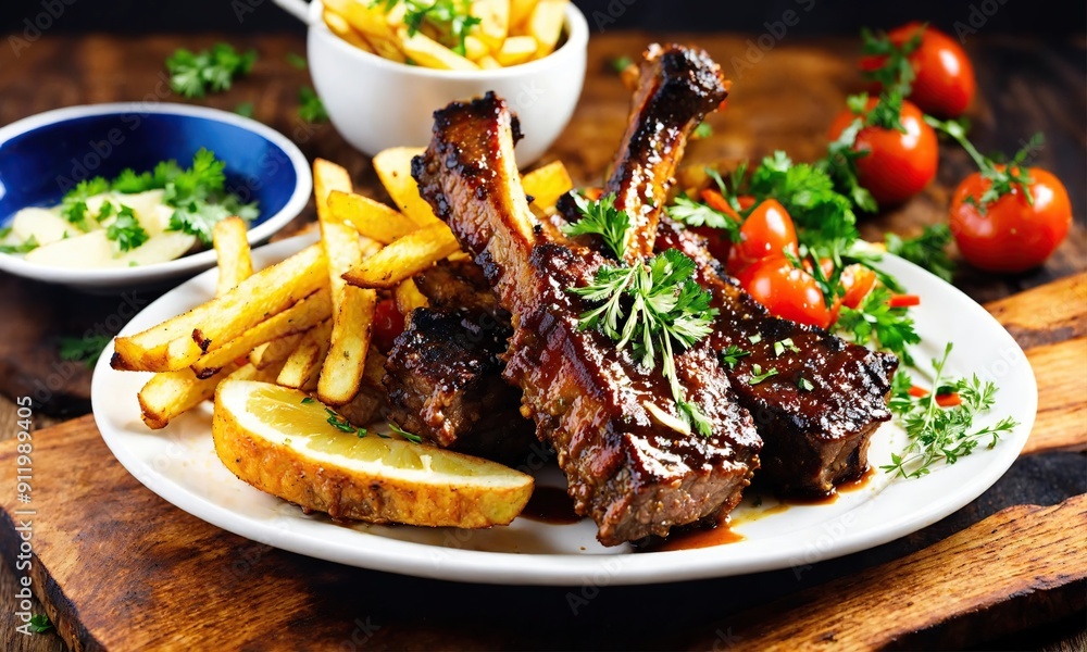 Meat dish with potatoes and greens on a plate Meat dish with potatoes and greens on a plate