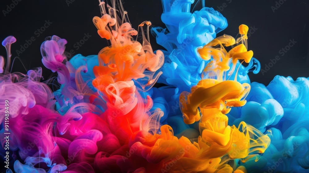 Fototapeta premium Vivid swirls of colorful ink underwater against a black background, creating a striking and dynamic abstract scene.