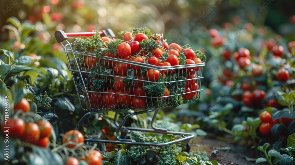 Fresh Tomatoes in a Shopping Cart amidst Lush Greenery Fresh Tomatoes in a Shopping Cart amidst Lush Greenery