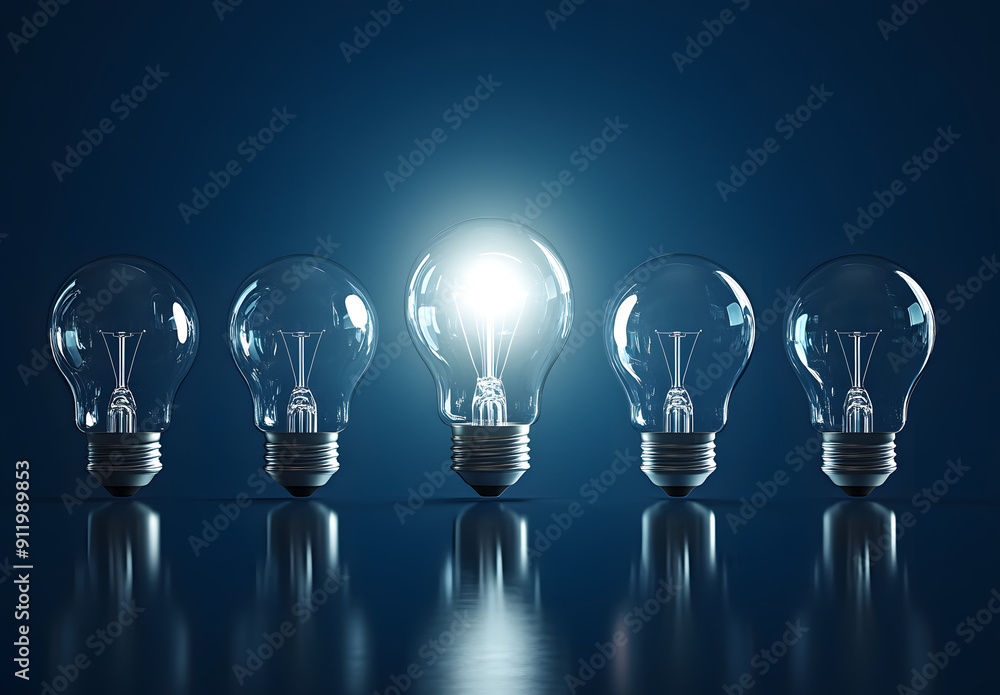 A Row of Light Bulbs, One Glowing Brightly in the Center A Row of Light Bulbs, One Glowing Brightly in the Center