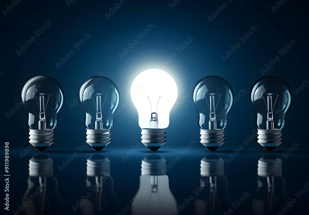 A Row of Light Bulbs, One Glowing Brightly in the Center A Row of Light Bulbs, One Glowing Brightly in the Center