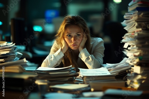 tired businesswoman sitting at her desk surrounded by piles of paperwork