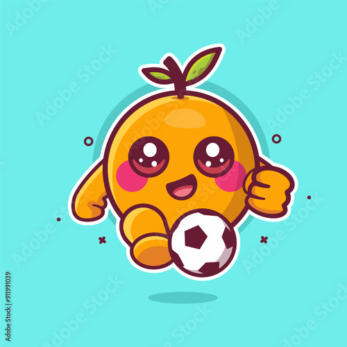 smiling orange fruit character mascot playing football isolated cartoon