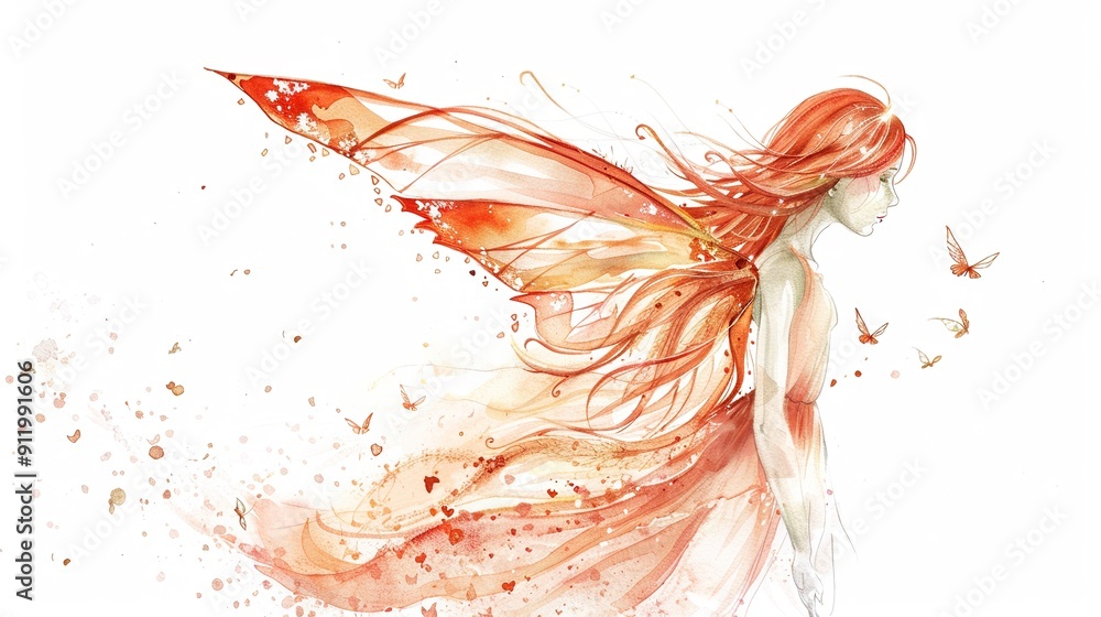 Fototapeta premium Fairy with delicate wings,Clipart, watercolor illustration, Perfect for nursery art The style is hand drawn, white background