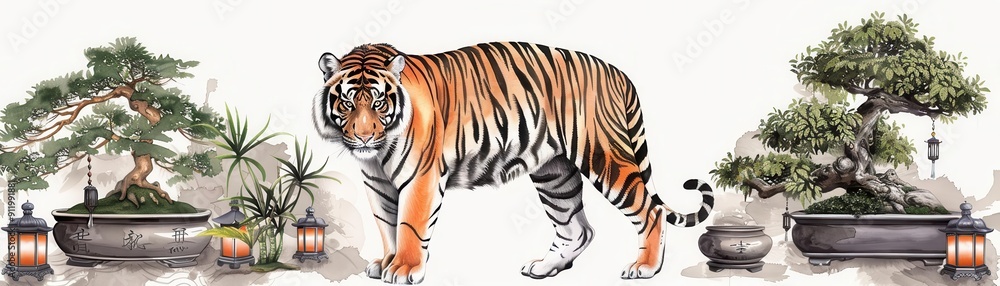 Fototapeta premium A tiger in a Zen garden, surrounded by bonsai trees and lanterns, Traditional Japanese, Black and white, Ink Drawing