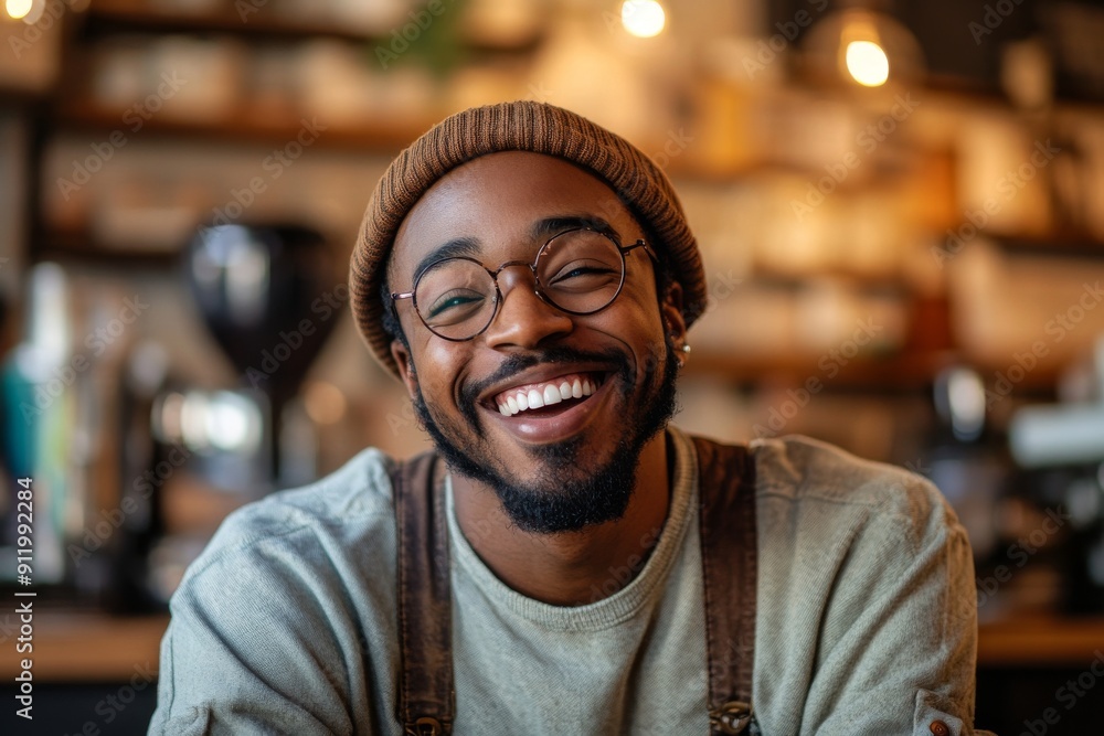 young African American hipster man laughing with a wide infectious smile young African American hipster man laughing with a wide infectious smile