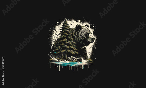 head grizzly combine with tree splash background vector artwork design