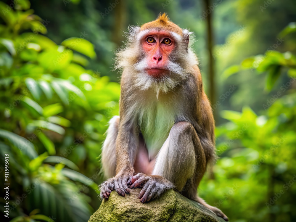 A majestic monkey with a regal demeanor perches on a rock, showcasing its shaggy fur and piercing eyes in a lush Indonesian jungle setting. A majestic monkey with a regal demeanor perches on a rock, showcasing its shaggy fur and piercing eyes in a lush Indonesian jungle setting.